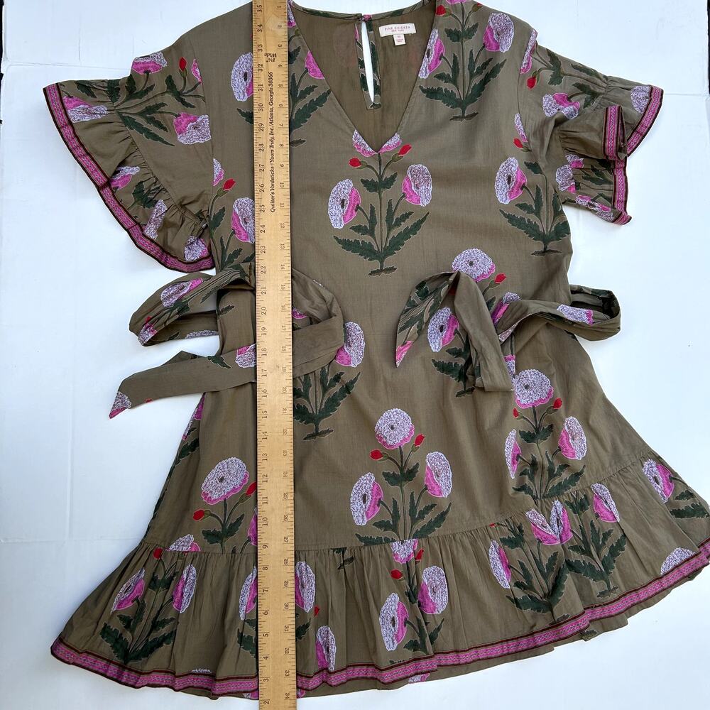 Pink Chicken Floral Tent Mini Dress Ruffle Embellishment Sash Belt Tie Lined XS - Picture 5 of 8
